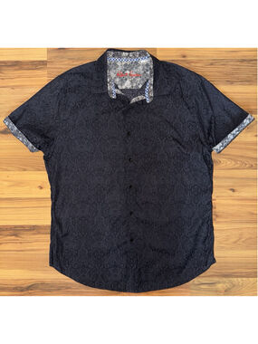 Robert Graham Shirt XXL Black Paisley Short Sleeve ButtonUp Classic Fit Jacquard